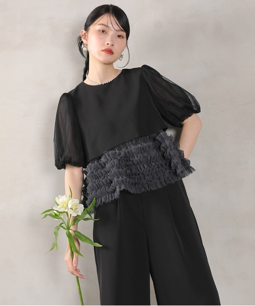 Kana（カナ）の「ボリュームチュールトップス ワイドパンツ セットアップ パーティー ドレス 結婚式 お呼ばれ オケージョン（パンツドレス・レディース・チャコールグレー/ブラック/ミント・M）」の10枚目の写真