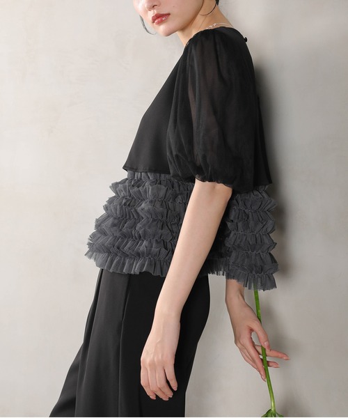 Kana（カナ）の「ボリュームチュールトップス ワイドパンツ セットアップ パーティー ドレス 結婚式 お呼ばれ オケージョン（パンツドレス・レディース・チャコールグレー/ブラック/ミント・M）」の13枚目の写真