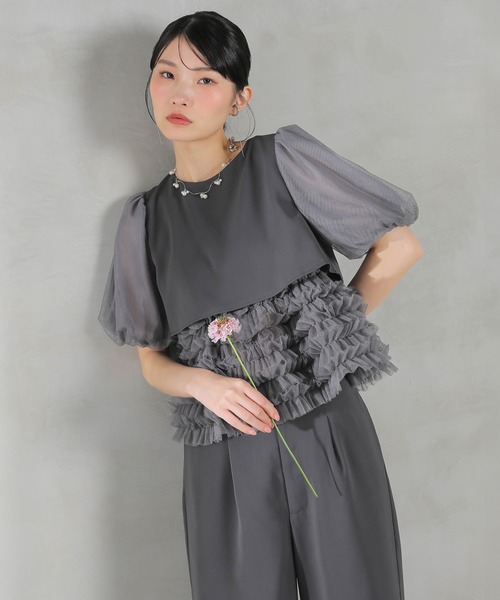 Kana（カナ）の「ボリュームチュールトップス ワイドパンツ セットアップ パーティー ドレス 結婚式 お呼ばれ オケージョン（パンツドレス・レディース・チャコールグレー/ブラック/ミント・M）」の17枚目の写真