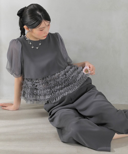 Kana（カナ）の「ボリュームチュールトップス ワイドパンツ セットアップ パーティー ドレス 結婚式 お呼ばれ オケージョン（パンツドレス・レディース・チャコールグレー/ブラック/ミント・M）」の18枚目の写真