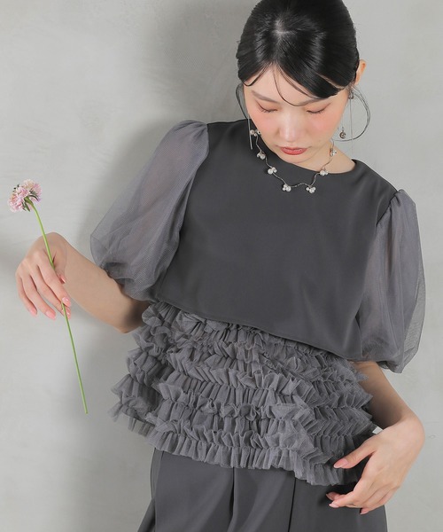 Kana（カナ）の「ボリュームチュールトップス ワイドパンツ セットアップ パーティー ドレス 結婚式 お呼ばれ オケージョン（パンツドレス・レディース・チャコールグレー/ブラック/ミント・M）」の19枚目の写真