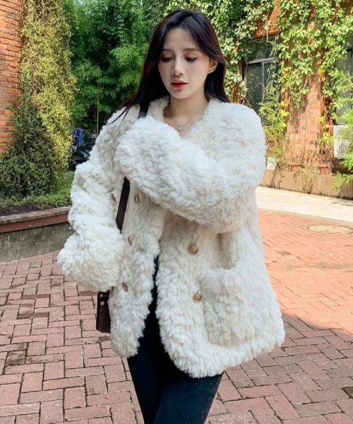 もこもこ ノーカラーフェイクファージャケット（ノーカラージャケット