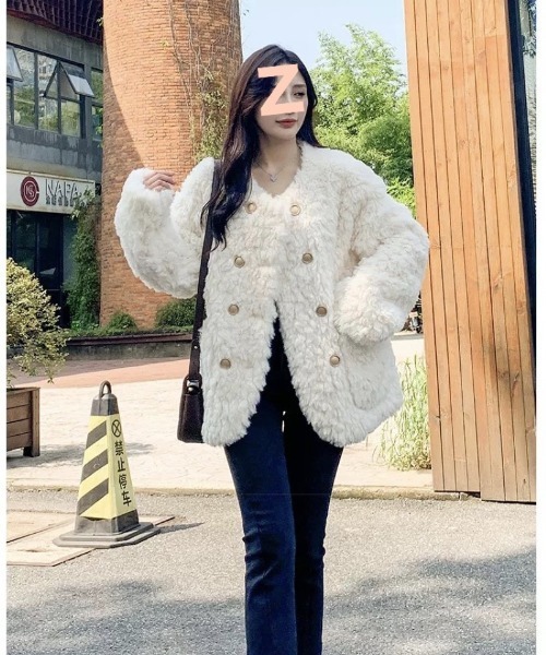 もこもこ ノーカラーフェイクファージャケット（ノーカラージャケット