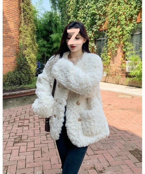 もこもこ ノーカラーフェイクファージャケット（ノーカラージャケット