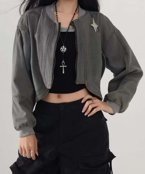 hitomin♡さん⭐︎デニムサロペット+レースレイヤードショートブルゾン 星ブローチ付き】デニムショートブルゾン（ブルゾン）｜ViViDAY