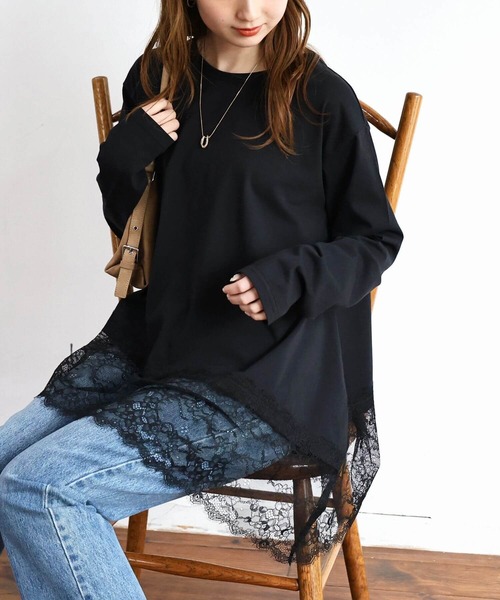 tiptop(ティップトップ)の「裾レースロンT(Tシャツ/カットソー・レディース・オフホワイト/ブラック・FREE)」の1枚目の写真