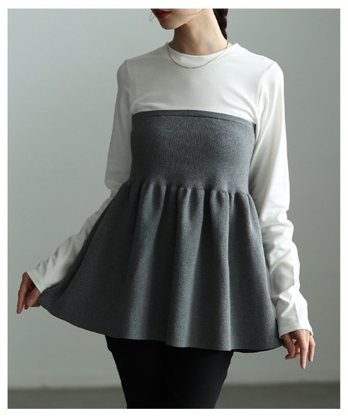 Sawa a la mode(サワアラモード)の「異素材ペプラムフレアトップス(Tシャツ/カットソー・レディース・ブラック/オフホワイト・FREE)」の3枚目の写真