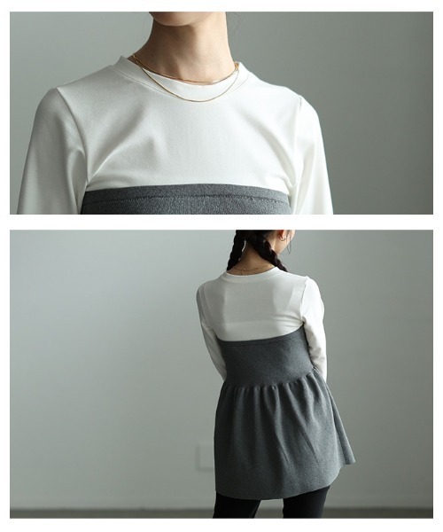 Sawa a la mode(サワアラモード)の「異素材ペプラムフレアトップス(Tシャツ/カットソー・レディース・ブラック/オフホワイト・FREE)」の4枚目の写真