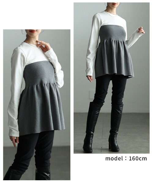 Sawa a la mode(サワアラモード)の「異素材ペプラムフレアトップス(Tシャツ/カットソー・レディース・ブラック/オフホワイト・FREE)」の8枚目の写真