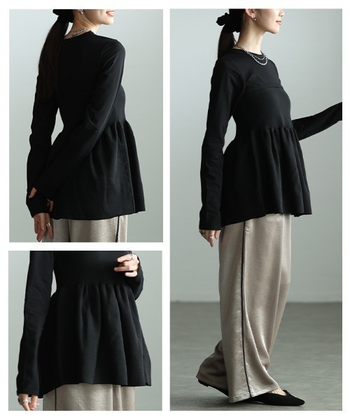 Sawa a la mode(サワアラモード)の「異素材ペプラムフレアトップス(Tシャツ/カットソー・レディース・ブラック/オフホワイト・FREE)」の18枚目の写真