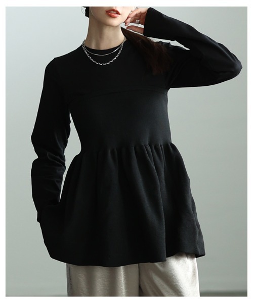 Sawa a la mode(サワアラモード)の「異素材ペプラムフレアトップス(Tシャツ/カットソー・レディース・ブラック/オフホワイト・FREE)」の19枚目の写真