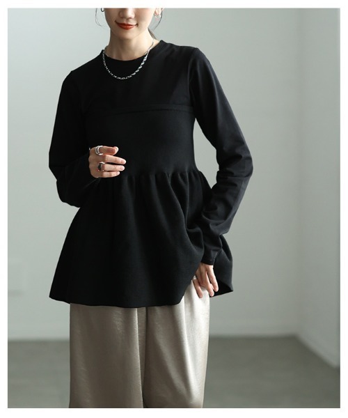 Sawa a la mode(サワアラモード)の「異素材ペプラムフレアトップス(Tシャツ/カットソー・レディース・ブラック/オフホワイト・FREE)」の20枚目の写真