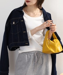 Uネック8分袖コットンフライスTシャツ