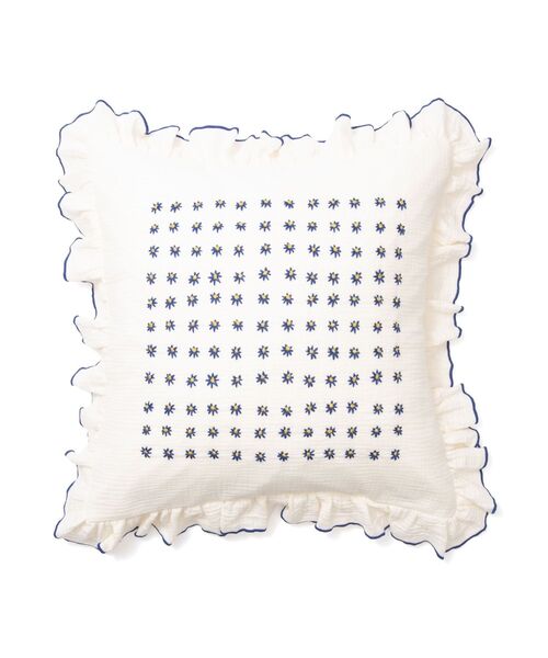 EMBフラワーフリル クッションカバー 450×450 ホワイト×ブルー（C-030