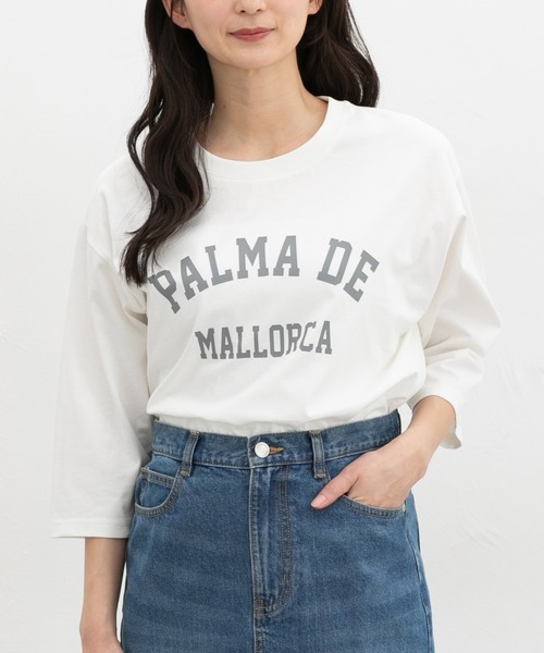 Honeys(ハニーズ)の「【UVカット】7分袖ロゴTシャツ(Tシャツ/カットソー・レディース・スミクロ/オフホワイト/グレイッシュブルー/ライトブラウン/杢グレー・L/LL/M/S)」の1枚目の写真