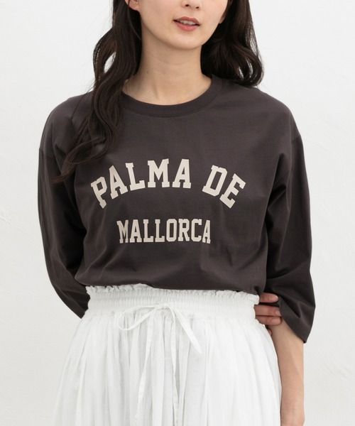 Honeys(ハニーズ)の「【UVカット】7分袖ロゴTシャツ(Tシャツ/カットソー・レディース・スミクロ/オフホワイト/グレイッシュブルー/ライトブラウン/杢グレー・L/LL/M/S)」の2枚目の写真