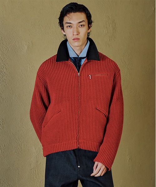 Jieda（ジエダ）の「LEATHER-COLLAR KNIT WORK JACKET（ブルゾン・メンズ・ネイビー/レッド/ブラック・2/1）」の3枚目の写真