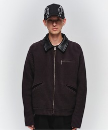 LEATHER-COLLAR KNIT WORK JACKET