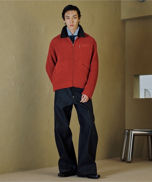 Jieda（ジエダ）の「LEATHER-COLLAR KNIT WORK JACKET（ブルゾン・メンズ・ネイビー/レッド/ブラック・2/1）」の4枚目の写真