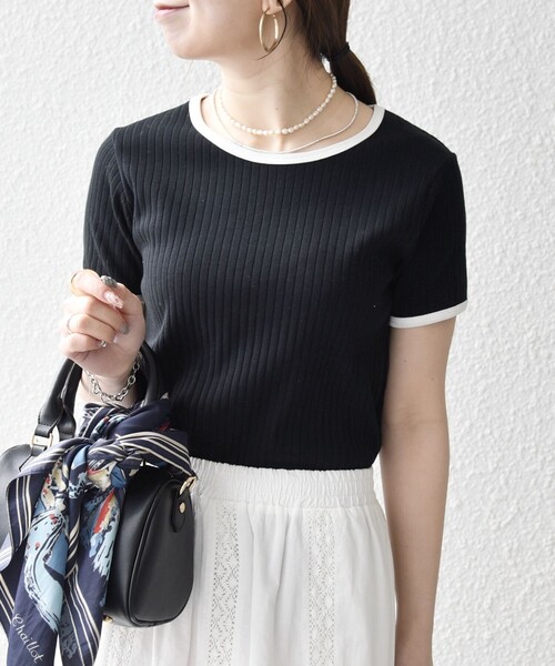 SHIPS any(シップス エニィ)の「SHIPS any:〈洗濯機可能〉テレコ リブ バイカラー ショートスリーブ TEE(Tシャツ/カットソー・レディース・ブラウン/ホワイト/ブラック・ONE SIZE)」の20枚目の写真