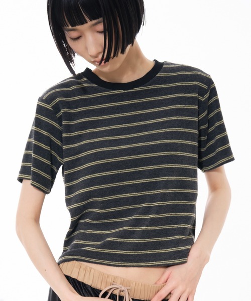 NOMINE(ノミネ)の「パイル 半袖 Tシャツ(Tシャツ/カットソー・レディース・グレー/ブラック/グリーン/モカ/アイボリー・フリー)」の1枚目の写真