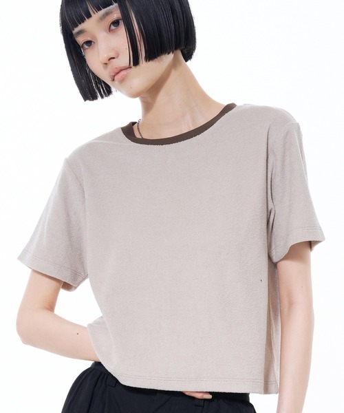 NOMINE(ノミネ)の「パイル 半袖 Tシャツ(Tシャツ/カットソー・レディース・グレー/ブラック/グリーン/モカ/アイボリー・フリー)」の2枚目の写真