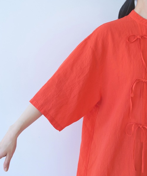 yuni（ユニ　）の「強撚CottonLine近江晒 ribbonシャツワンピース（シャツワンピース・レディース・レッド/カーキ/チャコールグレー/パープル・FREE）」の15枚目の写真