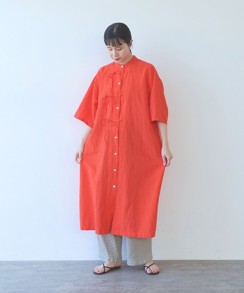 yuni（ユニ　）の「強撚CottonLine近江晒 ribbonシャツワンピース（シャツワンピース・レディース・レッド/カーキ/チャコールグレー/パープル・FREE）」の5枚目の写真