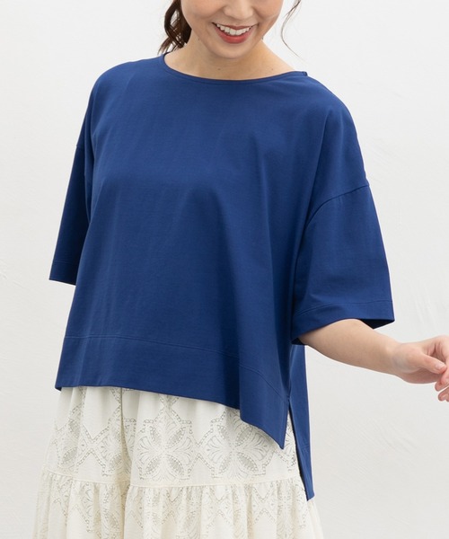 Honeys(ハニーズ)の「【ハニさら・接触冷感・UVカット・遮熱】ショート丈ゆるTシャツ(Tシャツ/カットソー・レディース・オレンジ/ブラック/オフホワイト/ブルー・F)」の3枚目の写真