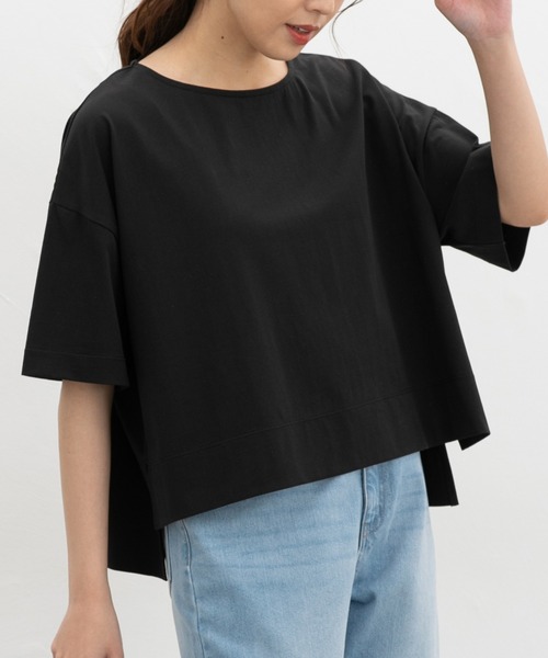 Honeys(ハニーズ)の「【ハニさら・接触冷感・UVカット・遮熱】ショート丈ゆるTシャツ(Tシャツ/カットソー・レディース・オレンジ/ブラック/オフホワイト/ブルー・F)」の2枚目の写真