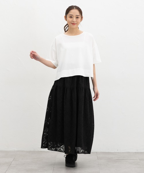 Honeys(ハニーズ)の「【ハニさら・接触冷感・UVカット・遮熱】ショート丈ゆるTシャツ(Tシャツ/カットソー・レディース・オレンジ/ブラック/オフホワイト/ブルー・F)」の22枚目の写真