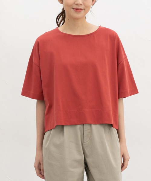 Honeys(ハニーズ)の「【ハニさら・接触冷感・UVカット・遮熱】ショート丈ゆるTシャツ(Tシャツ/カットソー・レディース・オレンジ/ブラック/オフホワイト/ブルー・F)」の6枚目の写真