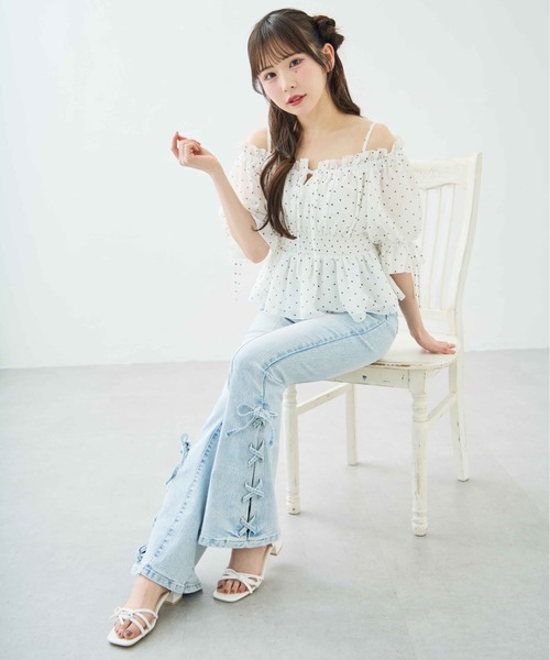 INGNI(イング)の「チュールオフショル半袖ブラウス(シャツ/ブラウス・レディース・イエロー/オフホワイト/ピンク/ブラック系3/ホワイト系6・M)」の9枚目の写真