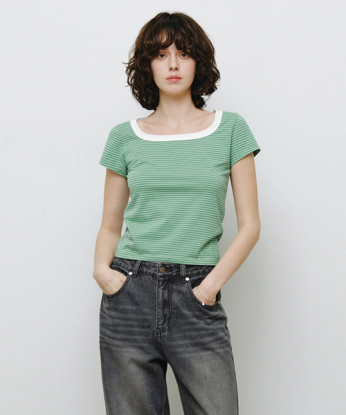 MONGDOL(モンドル)の「スクエアネックストライプ半袖TシャツグリーンMDTS098GREEN(Tシャツ/カットソー・レディース・その他・SMALL/MEDIUM)」の1枚目の写真