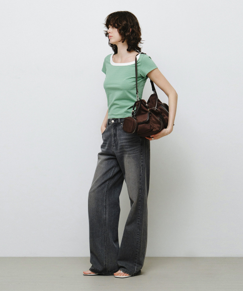 MONGDOL(モンドル)の「スクエアネックストライプ半袖TシャツグリーンMDTS098GREEN(Tシャツ/カットソー・レディース・その他・SMALL/MEDIUM)」の2枚目の写真