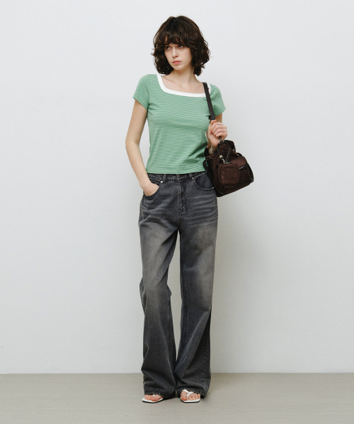 MONGDOL(モンドル)の「スクエアネックストライプ半袖TシャツグリーンMDTS098GREEN(Tシャツ/カットソー・レディース・その他・SMALL/MEDIUM)」の3枚目の写真