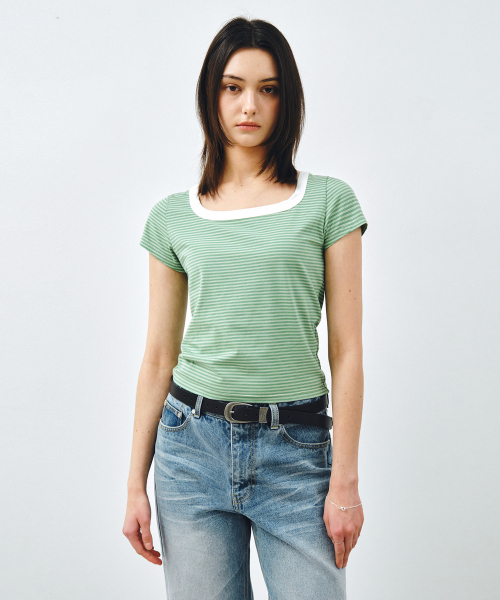 MONGDOL(モンドル)の「スクエアネックストライプ半袖TシャツグリーンMDTS098GREEN(Tシャツ/カットソー・レディース・その他・SMALL/MEDIUM)」の4枚目の写真