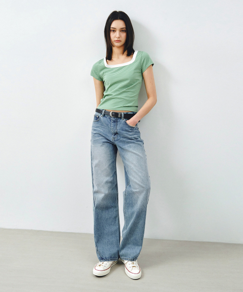 MONGDOL(モンドル)の「スクエアネックストライプ半袖TシャツグリーンMDTS098GREEN(Tシャツ/カットソー・レディース・その他・SMALL/MEDIUM)」の5枚目の写真