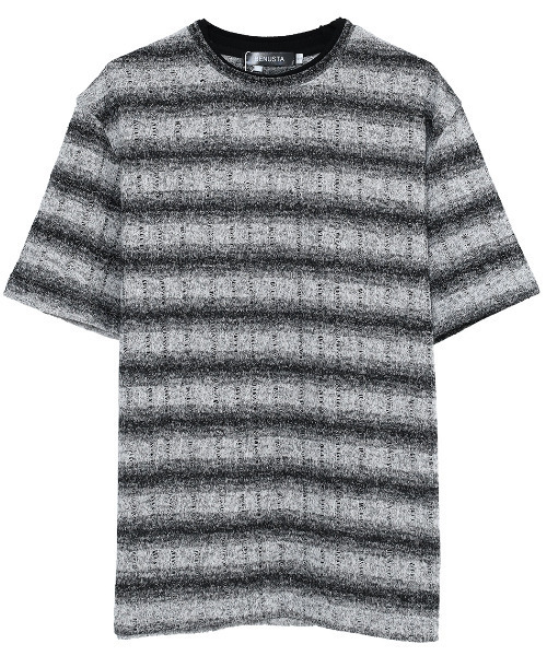 BENUSTA(ベヌスタ)の「『BENUSTA/ベヌスタ』グラデボーダー半袖ニット【GC】(Tシャツ/カットソー・メンズ・ブラック×グレー/ホワイト×ブラック・L/M)」の9枚目の写真