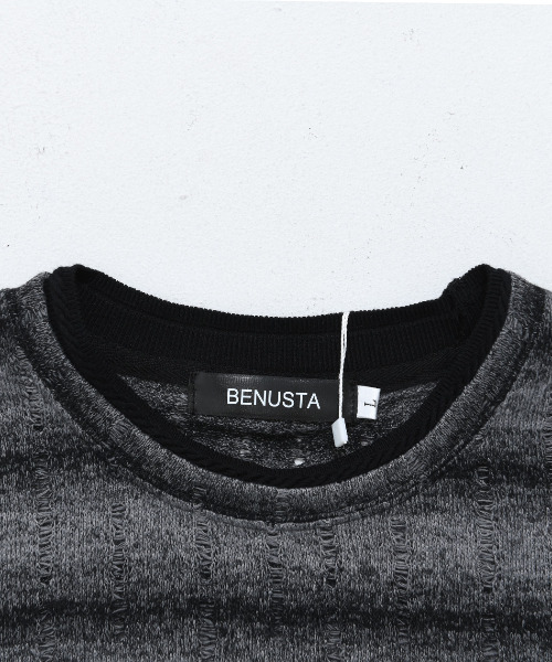 BENUSTA(ベヌスタ)の「『BENUSTA/ベヌスタ』グラデボーダー半袖ニット【GC】(Tシャツ/カットソー・メンズ・ブラック×グレー/ホワイト×ブラック・L/M)」の12枚目の写真