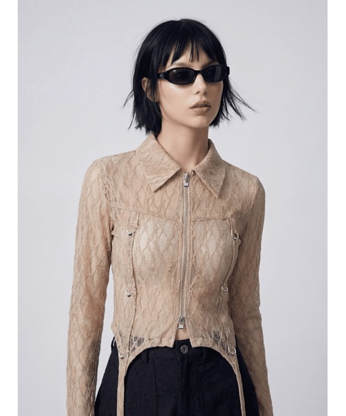TAJEN:T(タジェント)の「【TAJEN:T】SHEER LACE ZIP-UP TOP/シアーレースジップアップトップ(シャツ/ブラウス・レディース・ブラック/ベージュ・1/2)」の2枚目の写真