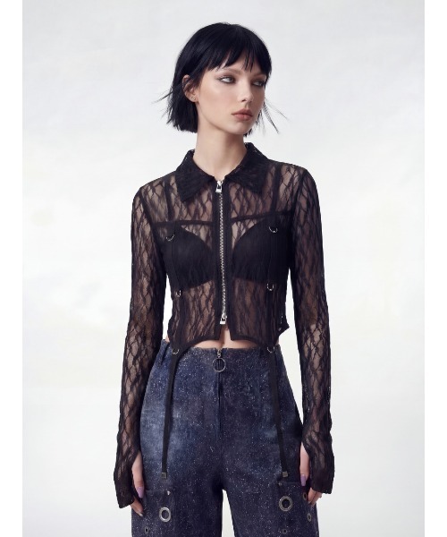 TAJEN:T(タジェント)の「【TAJEN:T】SHEER LACE ZIP-UP TOP/シアーレースジップアップトップ(シャツ/ブラウス・レディース・ブラック/ベージュ・1/2)」の7枚目の写真