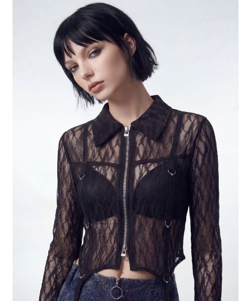 TAJEN:T(タジェント)の「【TAJEN:T】SHEER LACE ZIP-UP TOP/シアーレースジップアップトップ(シャツ/ブラウス・レディース・ブラック/ベージュ・1/2)」の6枚目の写真