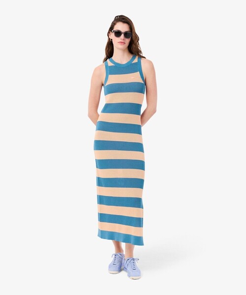 LACOSTE(ラコステ)の「ストライプメッシュニットノースリーブドレス / ロングワンピース(ワンピース・レディース・ブルー・36/38)」の1枚目の写真