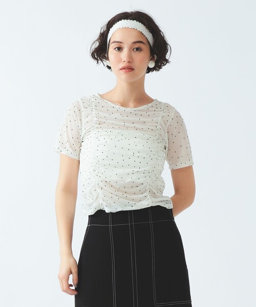 Ray BEAMS（レイビームス）の「シアー ドット ギャザー シーム Tシャツ（Tシャツ/カットソー・レディース・ホワイト系その他6/ブラック・ONE SIZE）」の6枚目の写真