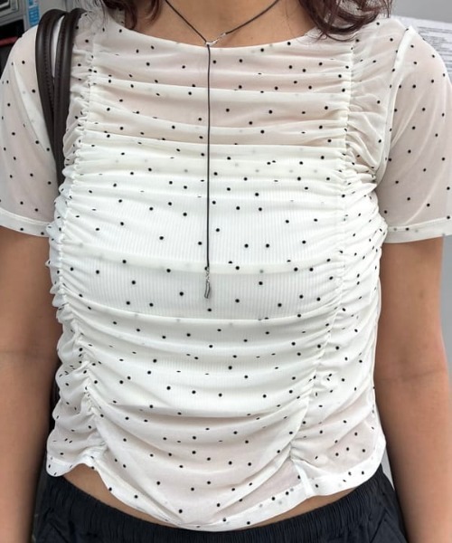 Ray BEAMS(レイビームス)の「【8/6 再値下げ】シアー ドット ギャザー シーム Tシャツ(Tシャツ/カットソー・レディース・ホワイト系その他6/ブラック・ONE SIZE)」の1枚目の写真