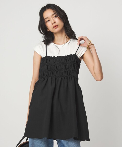 green label relaxing(グリーンレーベルリラクシング)の「シャーリング チュニック キャミソール(キャミソール・レディース・ホワイト/ダークブラウン/ブラック・FREE)」の2枚目の写真