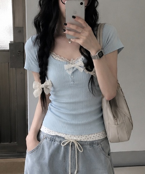 HALEY PESCA（ヘーリーペスカ）の「HALEY PESCA/レイヤード風ヘンリーネック　小花柄リブカットソー（Tシャツ/カットソー・レディース・ブルー/ピンク/ネイビー/アイボリー・SMALL/MEDIUM）」の3枚目の写真