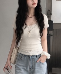 HALEY PESCA/レイヤード風ヘンリーネック 小花柄リブカットソー