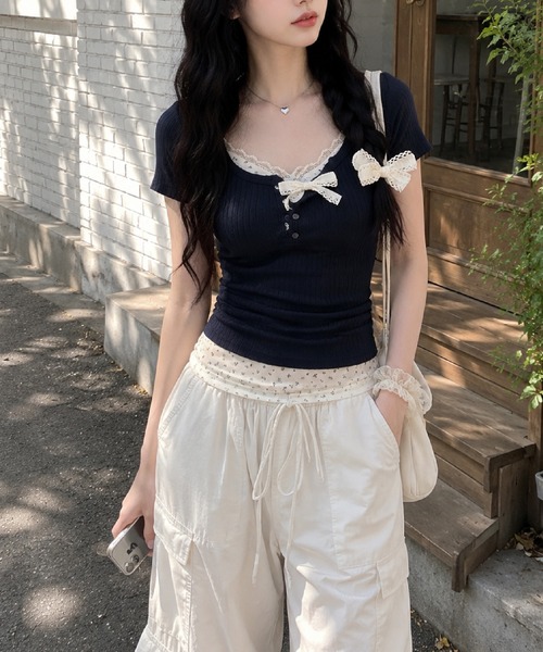 HALEY PESCA（ヘーリーペスカ）の「HALEY PESCA/レイヤード風ヘンリーネック　小花柄リブカットソー（Tシャツ/カットソー・レディース・ブルー/ピンク/ネイビー/アイボリー・SMALL/MEDIUM）」の7枚目の写真